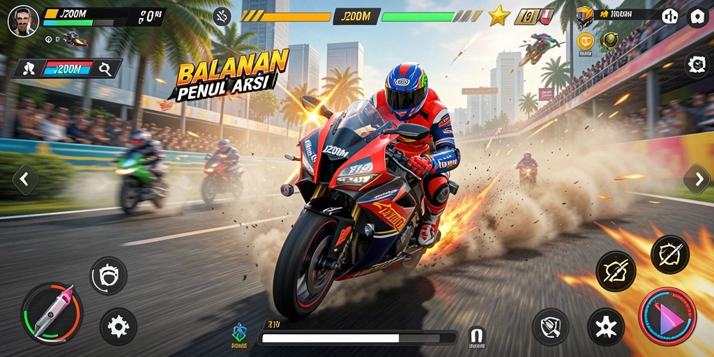 Screenshot gameplay J200M menampilkan balapan motor yang seru dan mendebarkan.