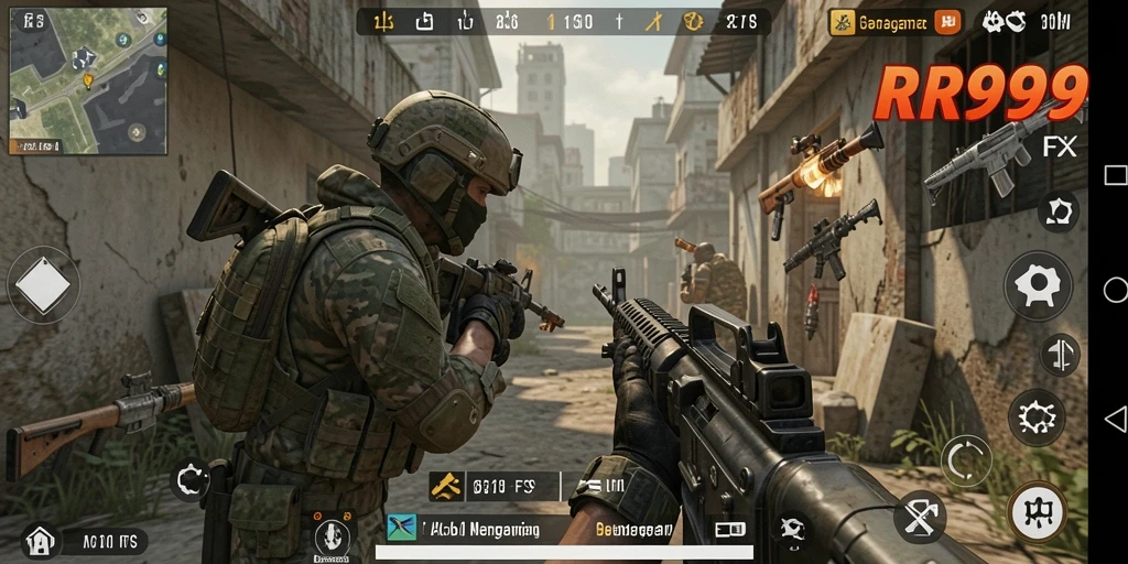 Screenshot utama RR999 menampilkan aksi penuh adrenalin dalam pertempuran FPS.